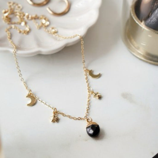 Moon & Stars Necklace with Black Obsidian