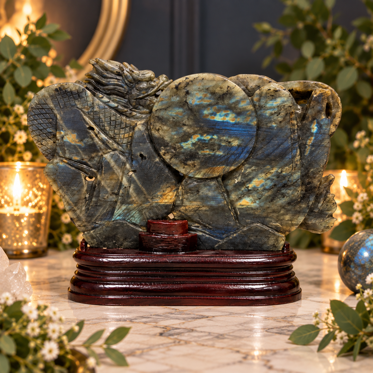 Elysium Crystal Carvings Labradorite Dragon & Phoenix