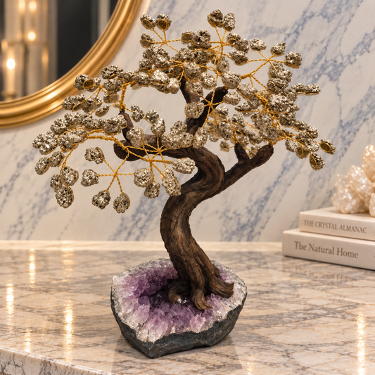 Elysium Crystal Carvings Pyrite Money Tree with Brazilian Amethyst Base