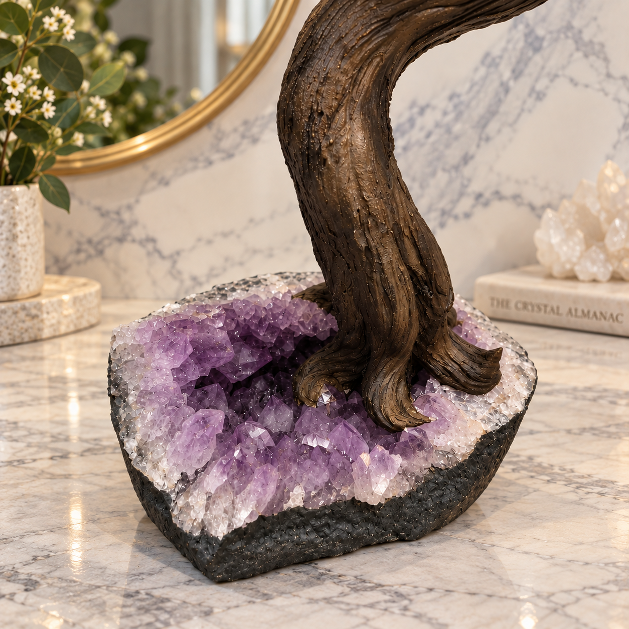 Elysium Crystal Carvings Pyrite Money Tree with Brazilian Amethyst Base