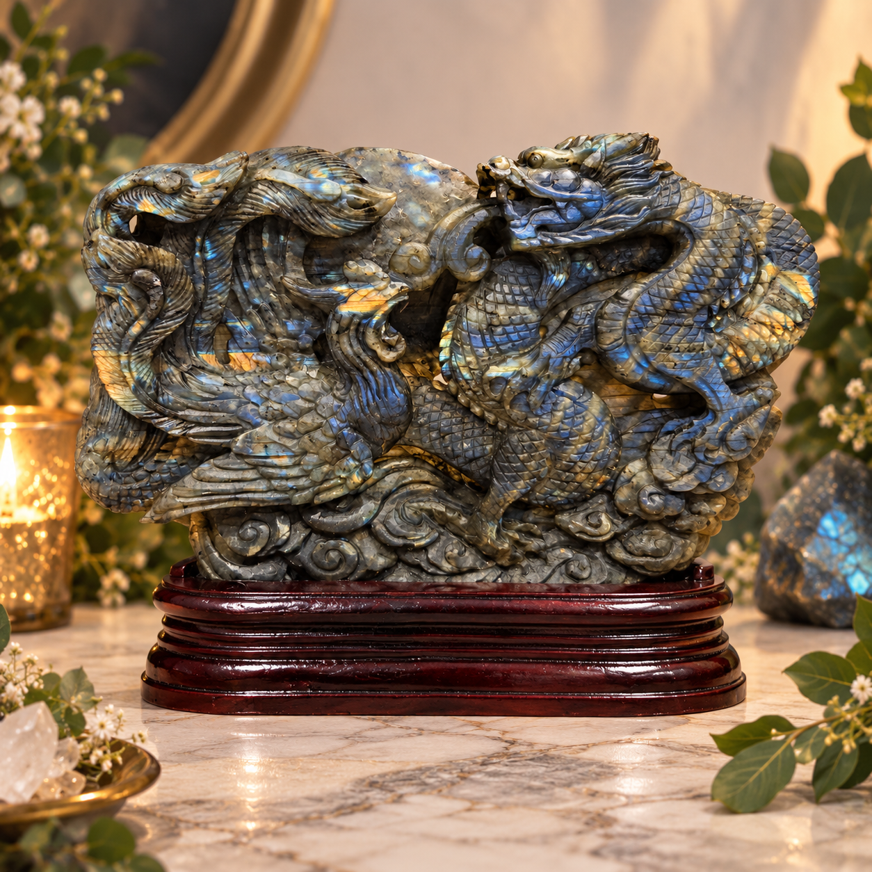 Elysium Crystal Carvings Labradorite Dragon & Phoenix